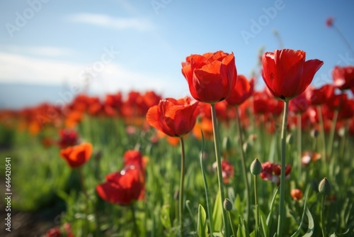closeup of beautiful red tulips growing in a field