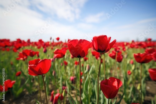 closeup of beautiful red tulips growing in a field © Alfazet Chronicles