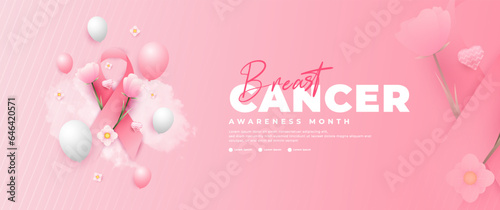Breast Cancer Awareness Month banner, with pink ribbon, flower and cloud elements