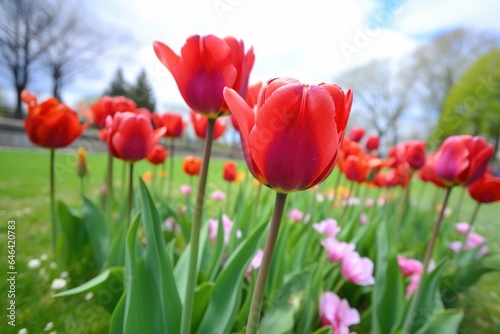 vibrant red tulips blooming in the springtime