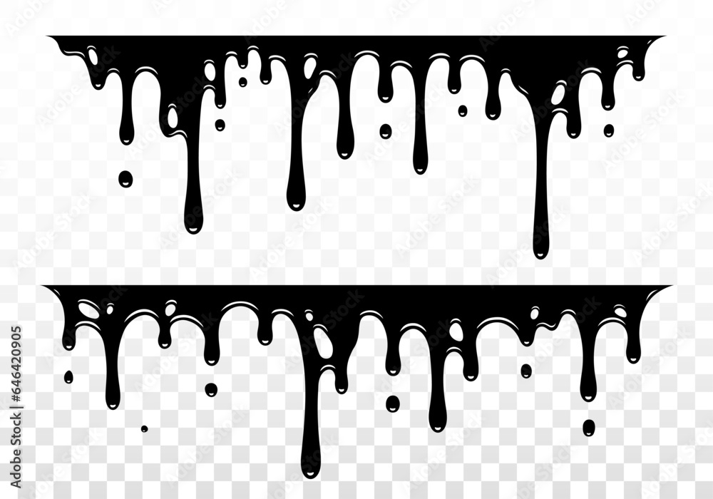 Paint dripping. Dripping liquid. Paint flows. Current paint, stains. Current drops. Current inks. Vector illustration. Flowing liquid. Stencil drops. Paint splatter. Molten. Chocolate drops. Oil drop - obrazy, fototapety, plakaty 