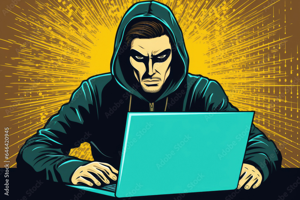 A shadowed hacker engaging in computer hacking, portrayed against a dynamic retro comic pop art background, emphasizing the world of cyber intrigue. A shadowed hacker engaging in computer hacking, portrayed against a dynamic retro comic pop art background, emphasizing the world of cyber intrigue.