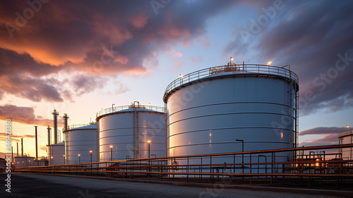 An oil storage tank set against a blue sky with lights. photo