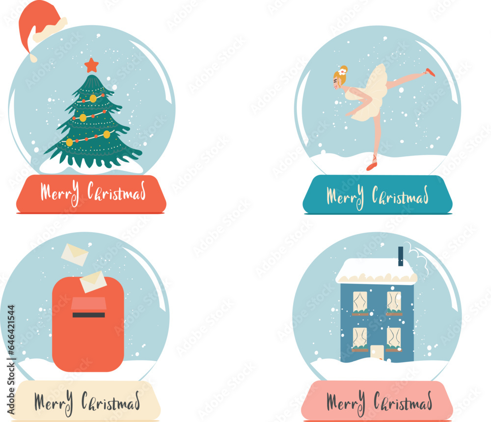 A set of glass balls with a winter house, post mail, christmas tree and ballerina. Vector clipart.