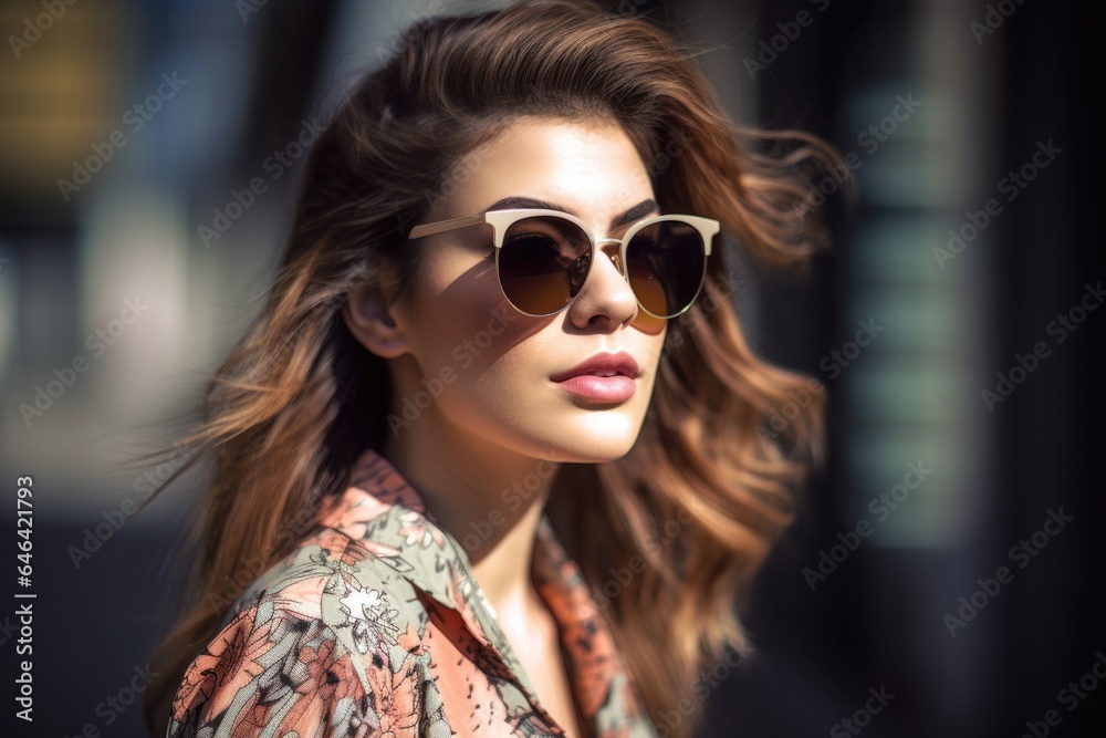 headshot of a beautiful young woman wearing trendy sunglasses headshot of a beautiful young woman wearing trendy sunglasses