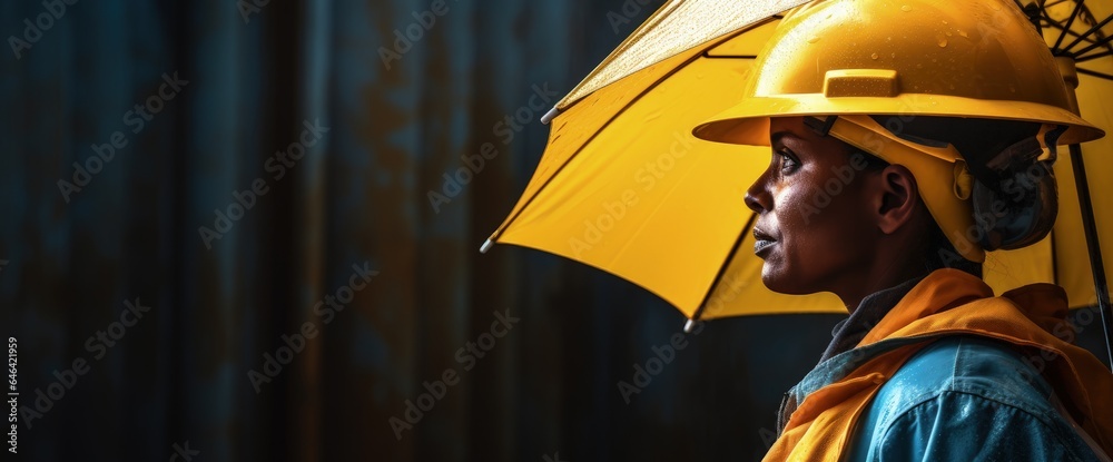 Worker with helmet holding an umbrella. Generative AI - obrazy, fototapety, plakaty 