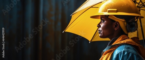 Worker with helmet holding an umbrella. Generative AI photo
