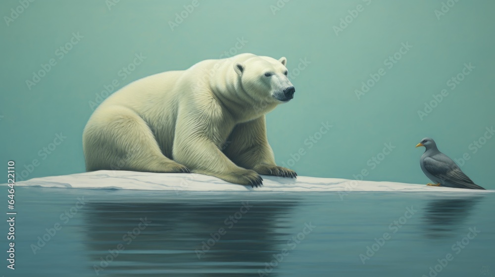 A polar bear sitting on top of an iceberg next to a bird