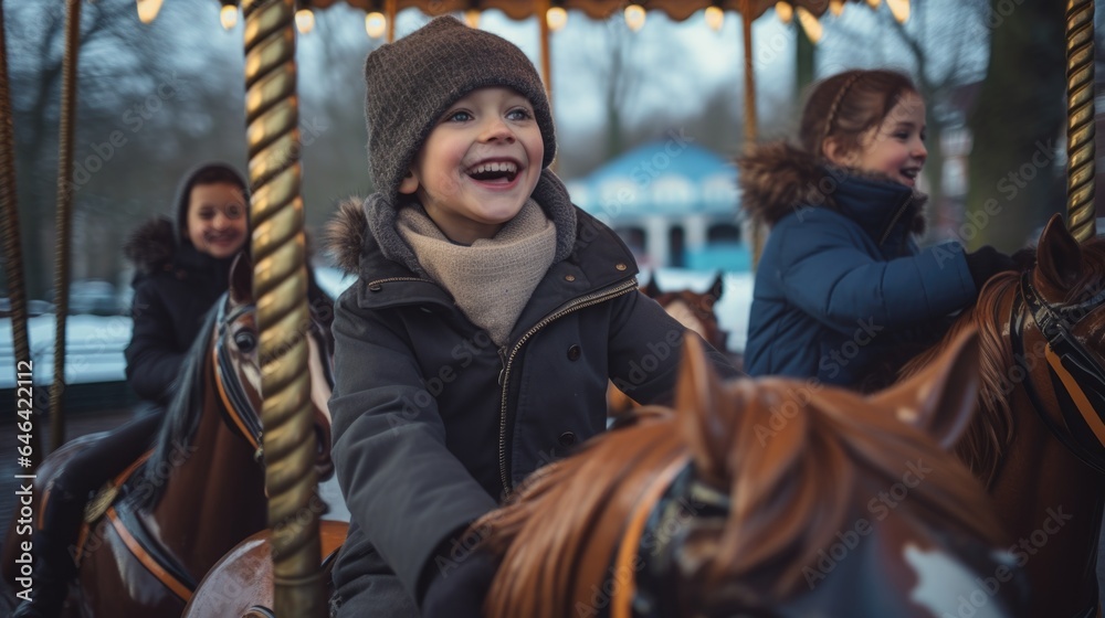 A little girl riding a merry go round horse