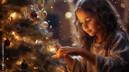 A little girl is decorating a christmas tree