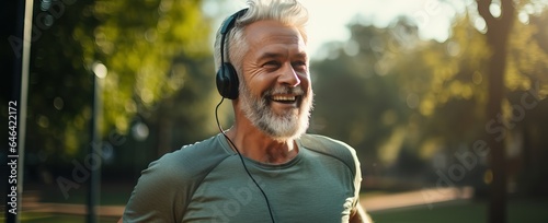 elderly man Jogging and wearing headphones and smiling outdoors