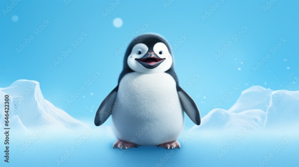 Obraz premium A penguin is standing in the snow with mountains in the background