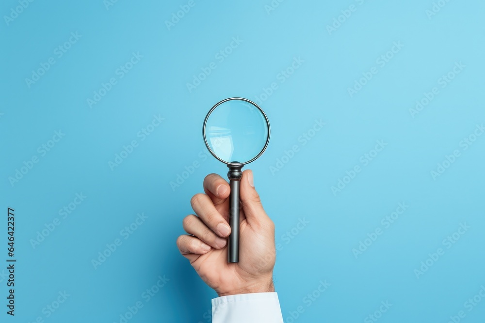 Hand holding a magnifying glass, blue background. Generative AI Hand holding a magnifying glass, blue background. Generative AI