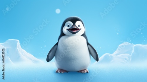 A penguin is standing in the snow with mountains in the background