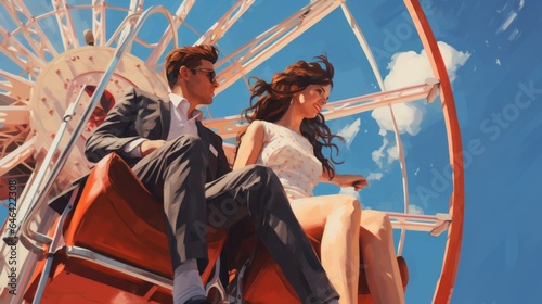 A painting of a man and a woman sitting on a ferris wheel