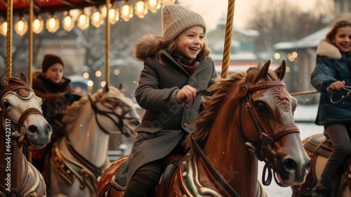 A little girl riding on merry go round the back of a brown horse