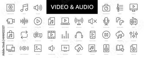 Video & Audio thin line icons set. Audio, Video editable stroke icon. Vector illustration