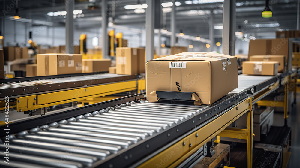 Packages are moving on a conveyor belt in a manufacturing warehouse.