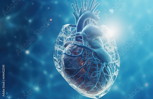 Illustration of a human heart, blue background. Generative AI photo