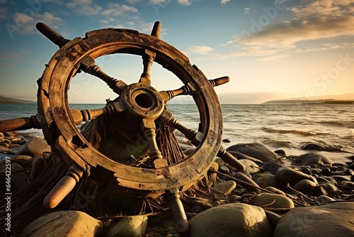 old rusty ship wheel on the shore