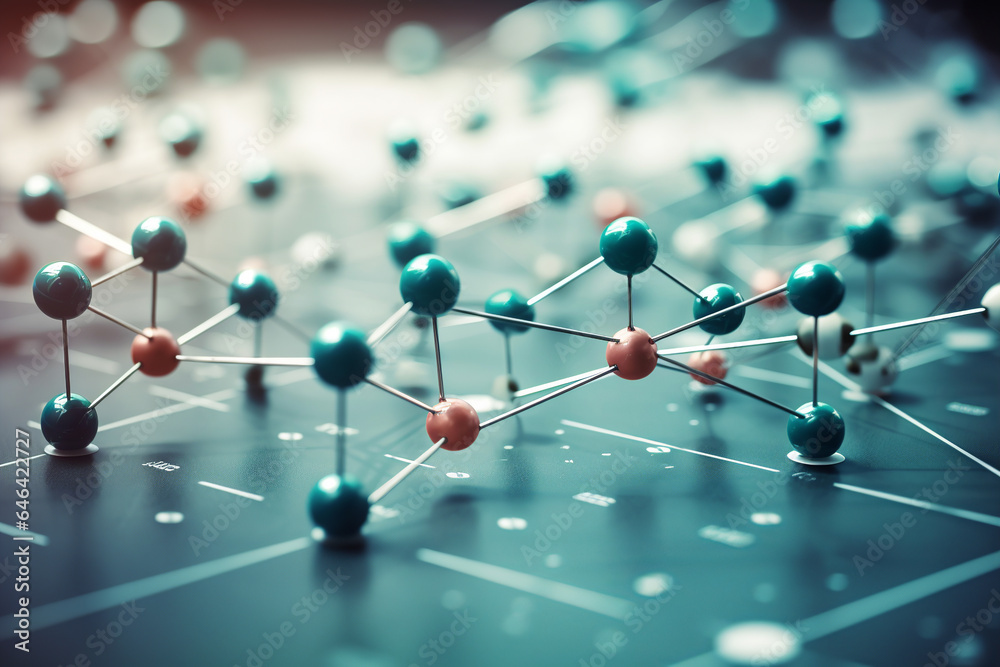 Network of molecules connected on blue background. Generative AI.