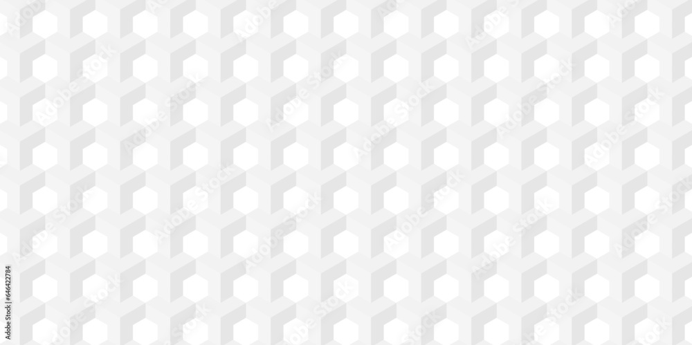 Fototapeta premium Seamless geometric hexagon cube pattern background. abstract cubes geometric white and gray color hexagon technology background. digital cube honeycomb Front view of white texture for background.