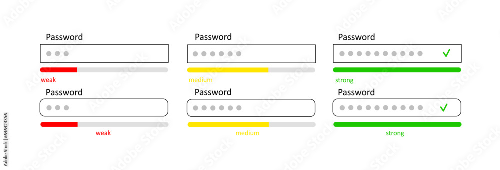 Login and password. A set of icons for entering the personal account of the site. Strong password, medium password, weak password. Registration and account access. Vector illustration.	