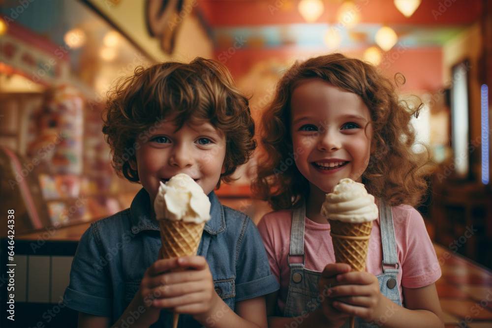Cute little girl and a boy eating ice cream inside a shop, kids ...
