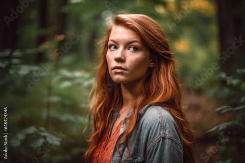 a beautiful young woman standing outside in a forest
