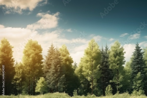 a beautiful landscape of trees in a forest with copyspace