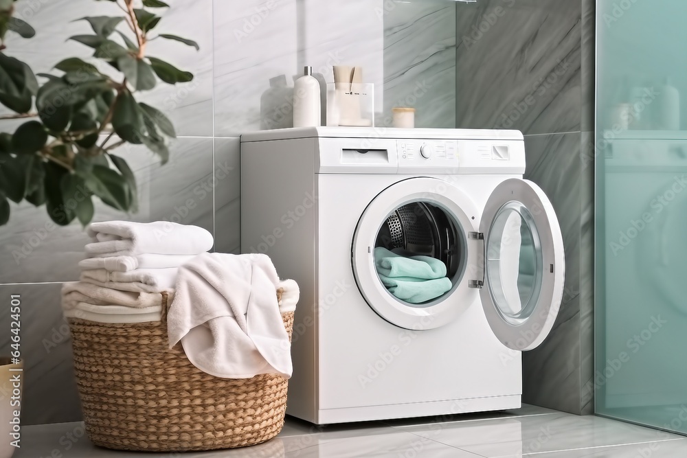 interior design, Modern washing machine with towels in bathroom. generative ai. interior design, Modern washing machine with towels in bathroom. generative ai.