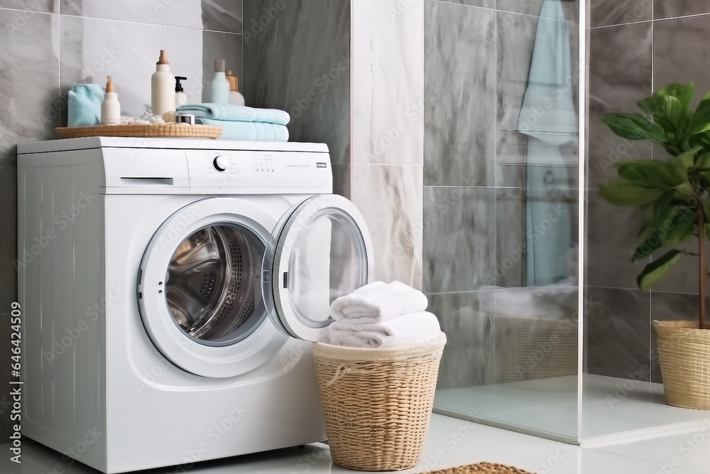 interior design, Modern washing machine with towels in bathroom. generative ai.
