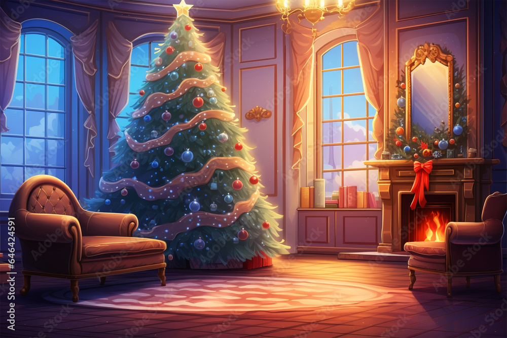 anime style background, a christmas tree in the living room - obrazy, fototapety, plakaty 