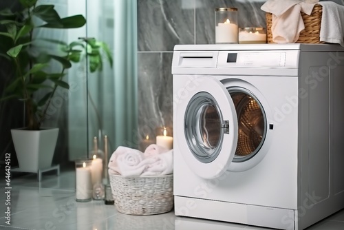 interior design, Modern washing machine with towels in bathroom. generative ai.