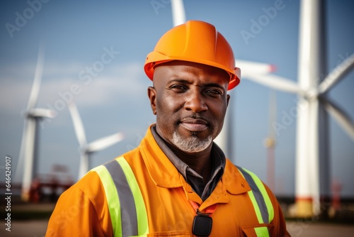 Portrait of a worker in a helmet with wind power station background.