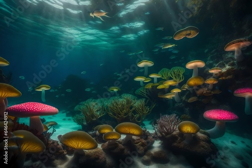 an image of an underwater scene where trees with giant colorful mushrooms replace coral reefs - AI Generative