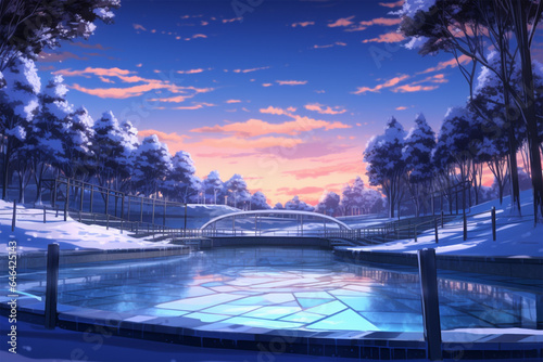 anime style background, a swimming pool that freezes when it's cold © Yoshimura