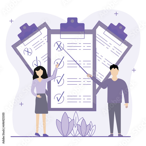 Checklist illustration.Man and women characters check off a list of completed and uncompleted tasks. Сhecklist concept. Vector illustration.