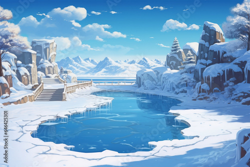 anime style background, a swimming pool that freezes when it's cold