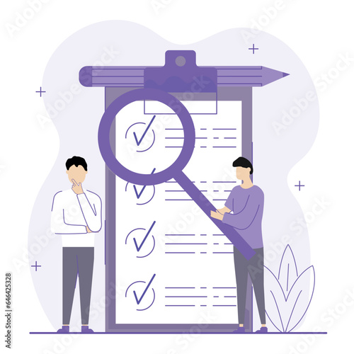 Checklist illustration.A character holds a magnifying glass focused on a checklist while another character ponders the tasks.  Сhecklist  concept. Vector illustration.