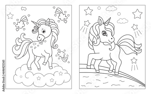 Coloring page with cute unicorn. Vector black and white image for children. Cool unicorns with rainbow  flowers  sweets.