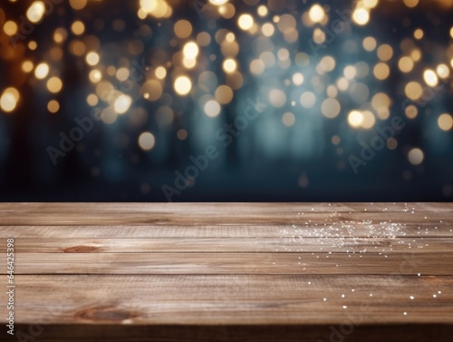 Old wood table background winter Christmas background blur behind wooden table