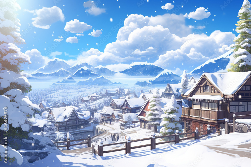 anime style background, a village in winter