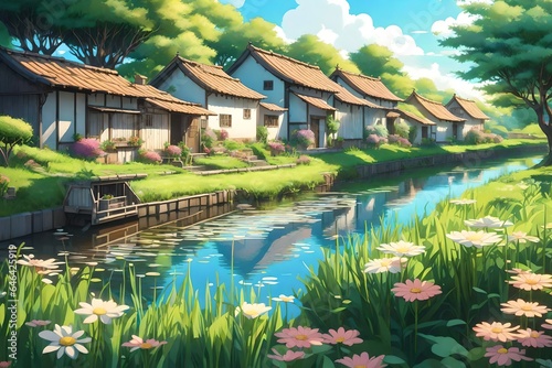 anime landscape  irrigation canal with small houses on the bank - AI Generative