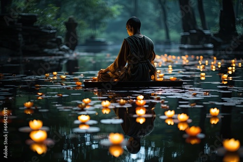 Monk meditates in temple next to a serene night lake., generative IA