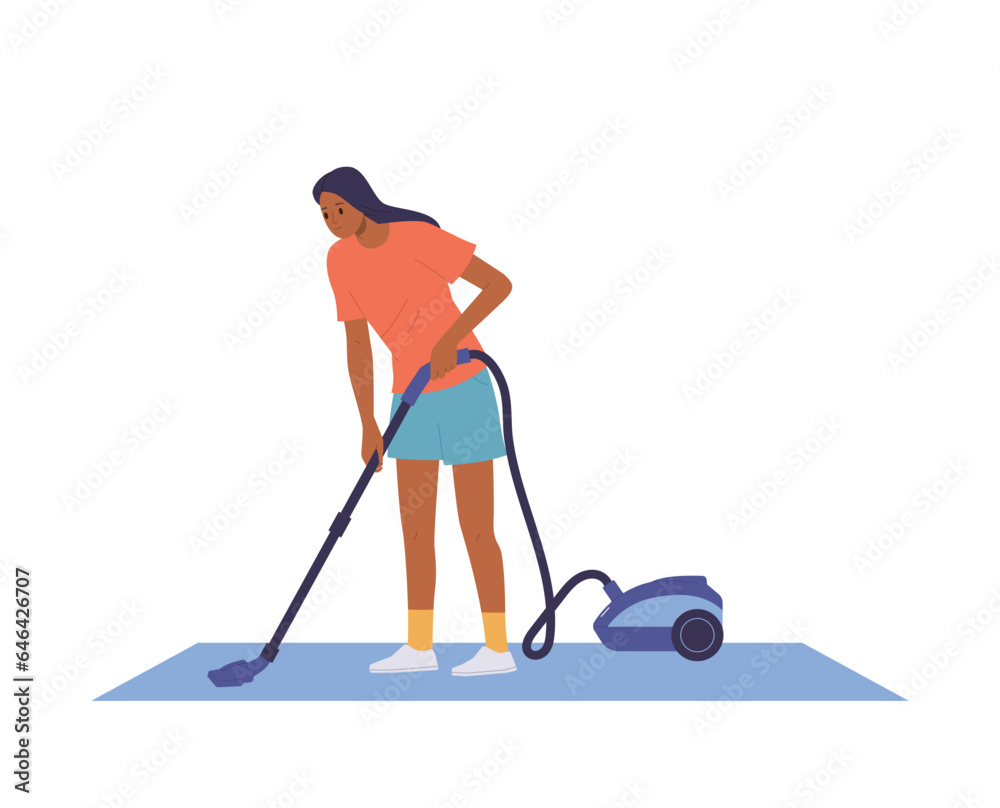 Young woman housewife character cleaning home floor with vacuum cleaner machine doing household Young woman housewife character cleaning home floor with vacuum cleaner machine doing household