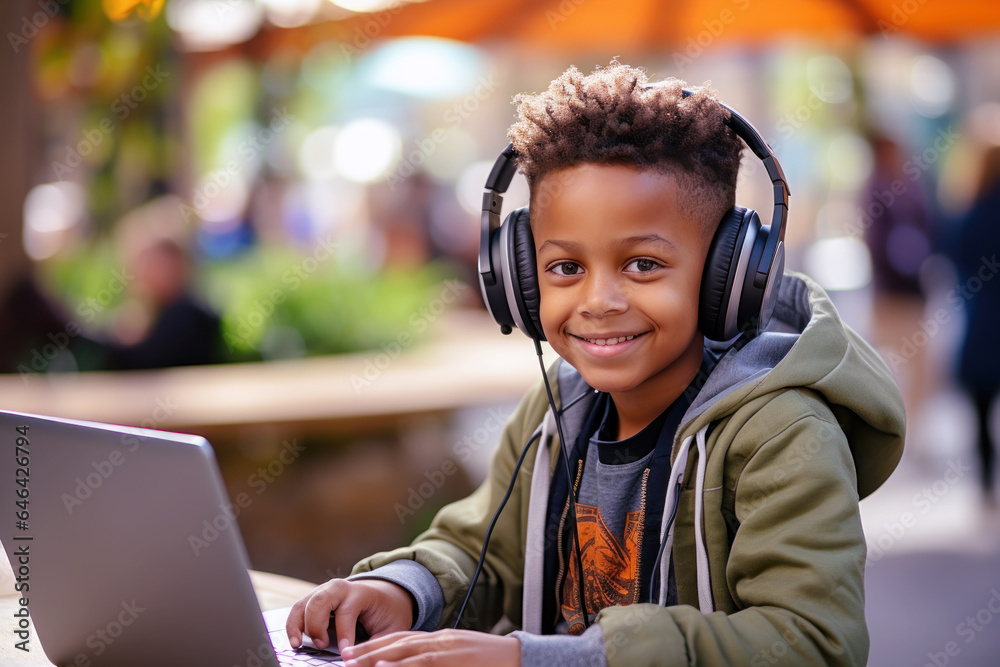 African Afro-american student smile using laptop online and headset African Afro-american student smile using laptop online and headset