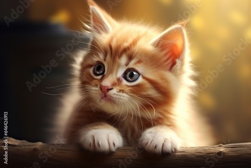 red cute little kitten on wooden outside