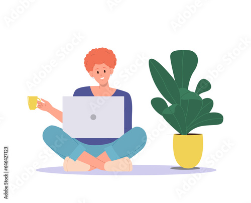 Young woman cartoon character working, studying on laptop or surfing internet spending time at home