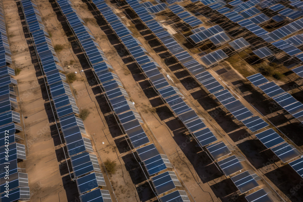 Solar panels in a flat desert terrain, aerial view